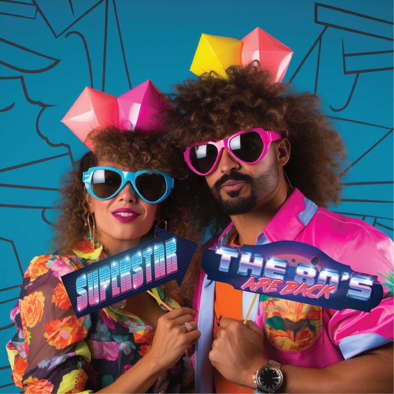 Outside The Booth 80s Photo Booth Props - 41-pc Photo Prop Kit with 8 x 10-Inch Sign, 60 Adhesive Pads, 45 Sticks - 80's Decorations and Theme Party Decorations - Image 4
